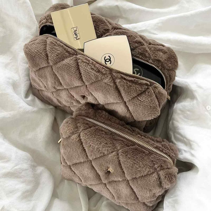 Faux Fur Quilted Make-Up Pouch - Large
